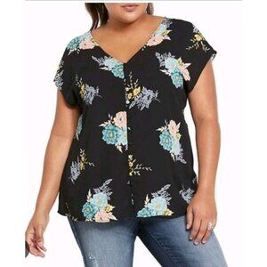Torrid Black Floral Short Sleeve Button Down Blouse 4X Georgette